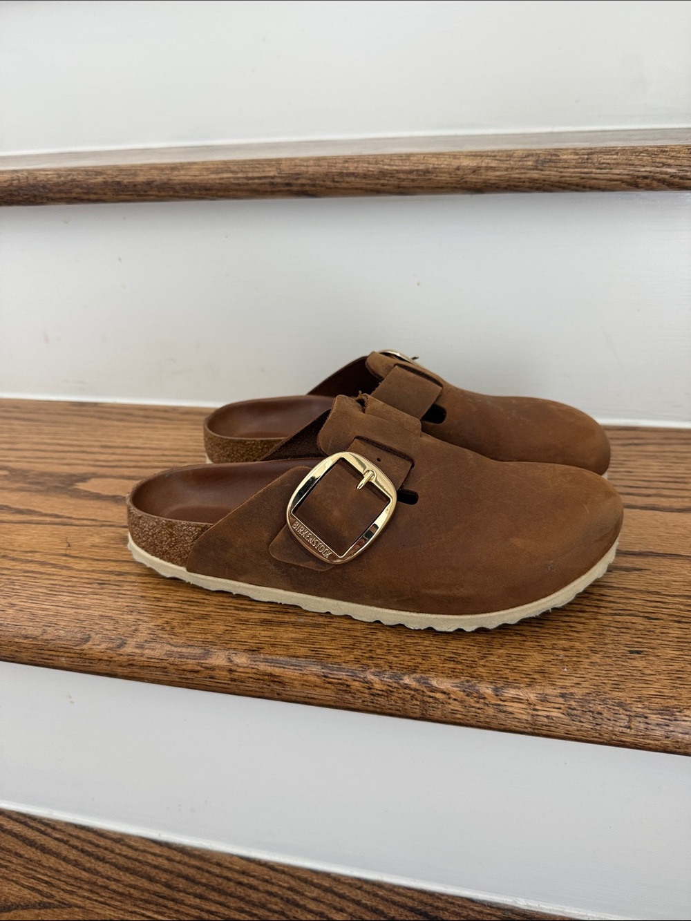 Birkenstock Kids Boston Clog in Brown with Gold Buckle